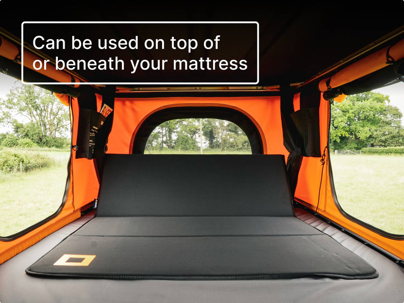 Black TentBox BackRest inside an orange TentBox Classic, with text 'can be used on top of or beneath your mattress'.
