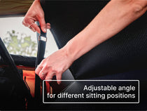 Person adjusting straps on the TentBox BackRest with text 'Adjustable angle for different sitting positions'.