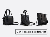 Three "modes" of the TentBox CoolBag on a white background with text '3-in-1 design: box, tote, flat'.