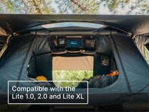 Inside view of the TentBox with storage pockets and text indicating that reads 'Compatible with the Lite 1.0, 2.0 and Lite XL.'