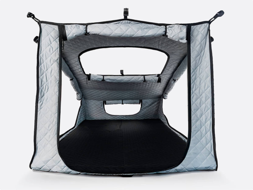 Cut-out shot of the TentBox GO Thermal Kit, with quilted grey fabric and windows.